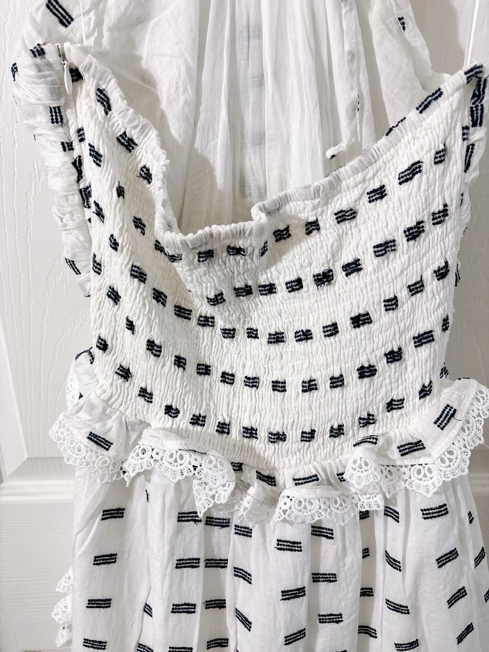 AQUA White Navy Embroidered Smocked Halter Mini Dress Tiered Lace Trim Large - Picture 5 of 6
